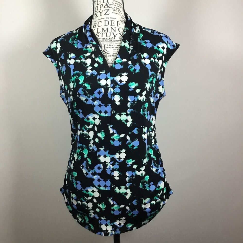Sleeveless stretchy raunched side vee neck top black green blue white circles PS